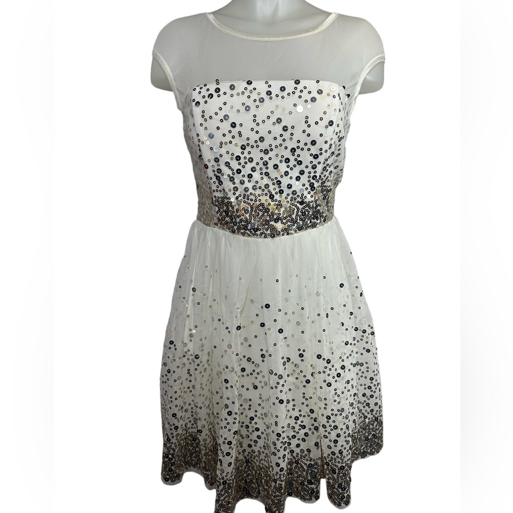 Emerald Sundae Dress 7 White Mini Gold Sequins Juniors Formal Dance Tulle Sheer